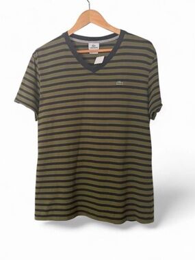 Flawed Lacoste Olive Green & Navy Striped Crewneck Tee XL (6)